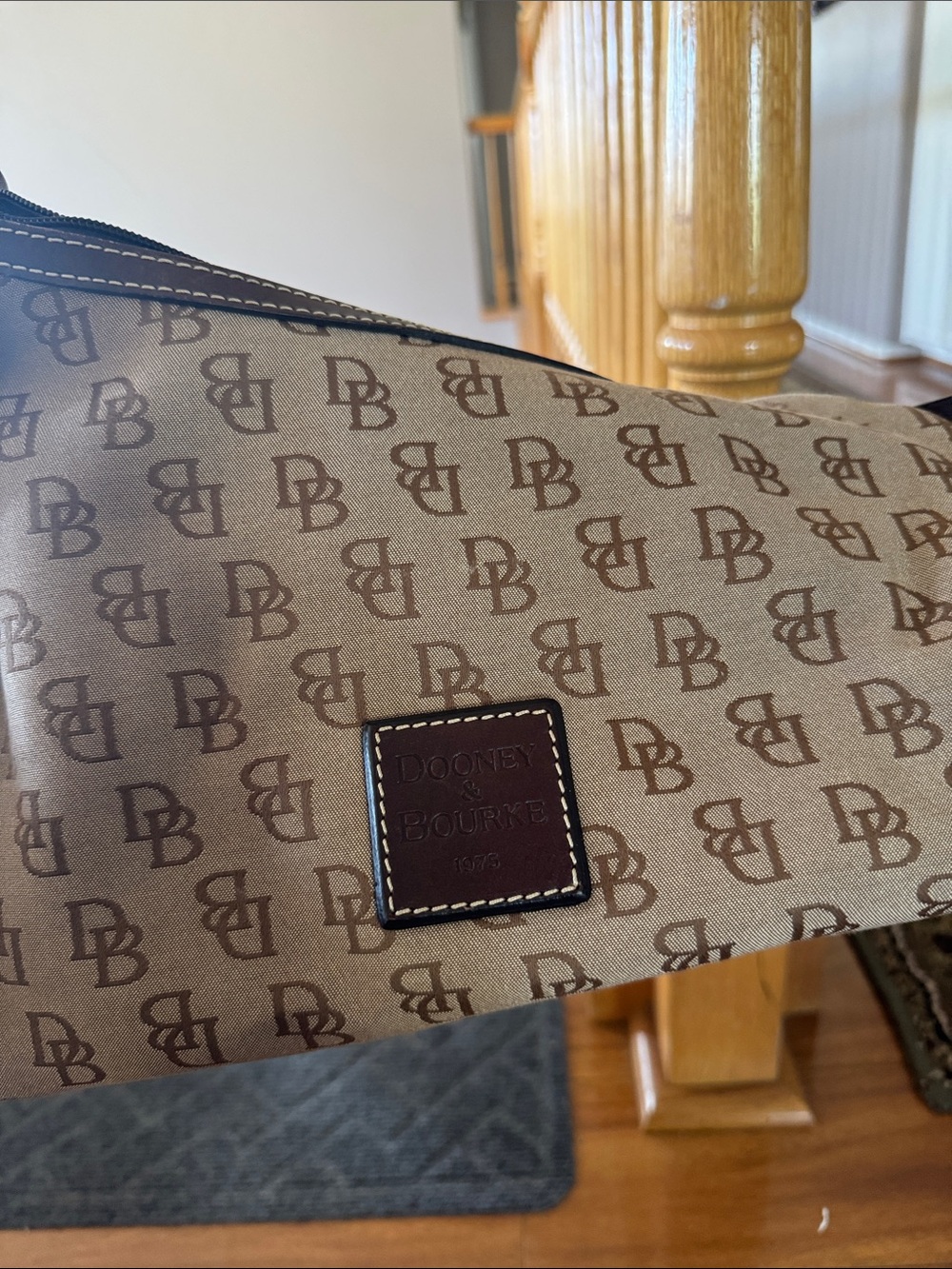 Dooney & Bourke Brown Logo Canvas Shoulder Bag with Leather Trim